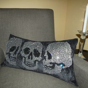 Magaschoni Pillow Crystal Skull Black Silver Duck Feather Halloween NWT